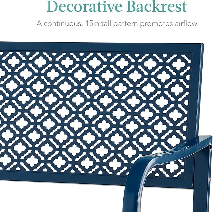 Best Choice Products Outdoor Bench 2-Person Metal Steel Benches Furniture for Garden, Patio, Porch, Entryway w/Geometric Backrest, 790lb Capacity - Peacock Blue