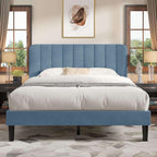 VECELO Queen Size Bed Frame with Upholstered Headboard, Velvet Platform Bedframe Mattress Foundation, Strong Wood Slat Support, No Box Spring Needed,Sky Blue