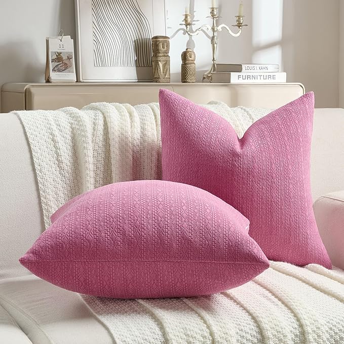 FUTEI Hot Pink Chenille Throw Pillow Covers 12x20 Inch Set of 2,Soft Striped & Diamond Textured Lumbar Pillow Cases,Modern Home Decor for Couch Living Room