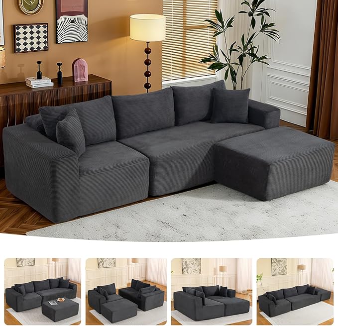 2025 New 108" Cloud Couch Sectional, Modular Sectional Sofa with L-Shaped Chaise, Deep Seat Sectional Modular Couch for Living Room, No Assembly Required (Gray, Chaise Ottoman)