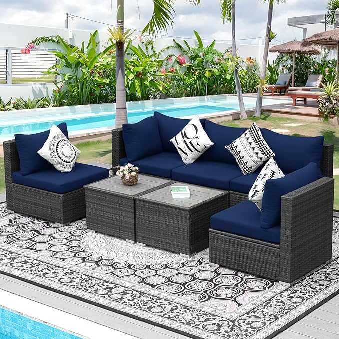 NICESOUL 7 Piece High-End Outdoor Furniture Sofa Set, 29.3'' High Back XL Large Grey Wicker Patio Modular Sectional with Side Tables, All-Weather Couches for Backyard Deck, 2 Color Cushion Navy & Grey