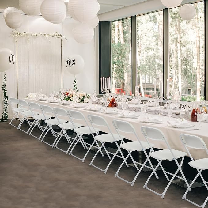 6 Pack White Plastic Folding Chairs, Portable Party Chairs, Stackable Commercial Seats with Steel Frame for Home Office Wedding Party Indoor Outdoor Events Chairs, 350lbs Capacity