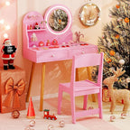 Costzon Kids Vanity, Girls Vanity Set with Mirror and Stool and Lights, Drawers, Storage Shelf & Hooks, 2 in 1 Makeup Desk Dressing Table, Kids Vanity Table and Chair Set (Pink)
