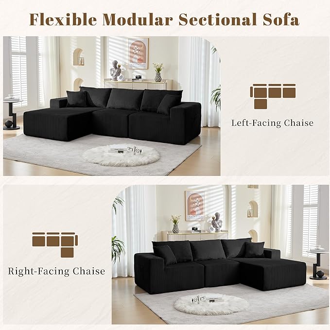 107" Cloud Sectional Couch, Modular Sectional Sofa with L-Shape Chaise, Corduroy Boneless Couch with Deep Seat, Upholstered Sofa for Living Room, No Assembly Required(Left-Facing Chaise, Black)