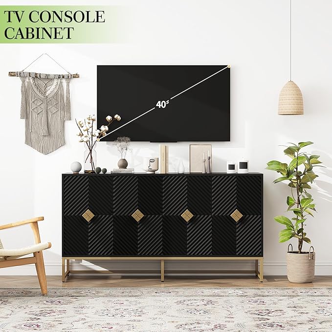 Sideboard Buffet Cabinet with Storage - Accent Storage Cabinet with Doors, Wood 4 Doors Cabinet with Metal Legs, 60" Buffets & Sideboards, Modern Credenza for Living Room (Black)