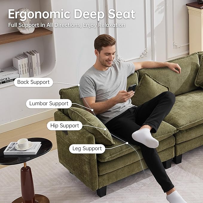 108" Modern L-Shaped Sectional Sofa with USB & Type-c Port Charger, Modular Cloud Couch, Deep Seating Chenille Fabric 4-Seater with Ottoman and Pillows for Living Room (Green)