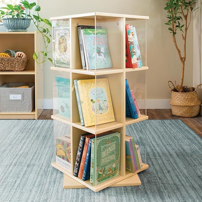 Guidecraft EdQ Kids Rotating Bookshelf: Natural Wood Revolving Bookcase - 360 Degree Spinning Book Shelf Tower with Acrylic Montessori Storage for Classroom, Bedroom and Playroom | Toy Organizer
