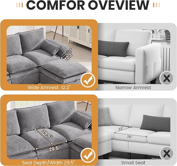 130" U Shaped Modular Sectional Sofa, Couch with Ottoman Storage, Chenille Cloud Couch with Plush Deep Seating for Living Room, Bedroom (7 Seat, Light Grey)