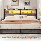 Aheaplus Headboard for King Size Bed Frame, Headboards with Outlets, USB Ports and LED Light, Head Board with Storage, Height Adjustable, Sturdy and Stable Headboard, King Size, Black Oak
