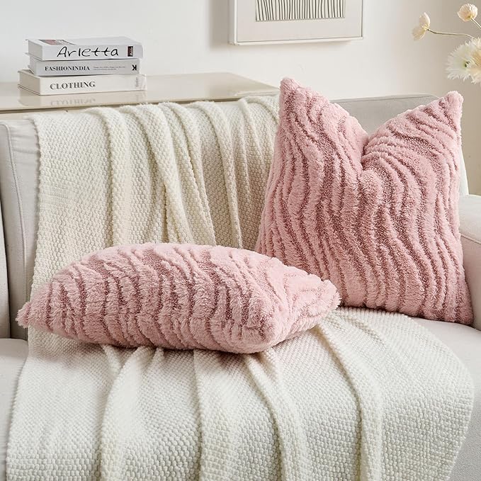 FUTEI Pink Decorative Throw Pillow Covers 20x20 Inch Set of 2,Soft Faux Fur Geometric Shapes Texture Cushion Case,Boho Home Decor for Couch Bed Living Room