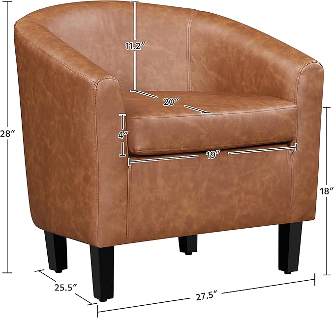 Yaheetech Leather Accent Chair, Faux Leather Armchair, Modern Barrel Club Chair with Soft Seat for Living Room Bedroom Reading Waiting Room, Brown