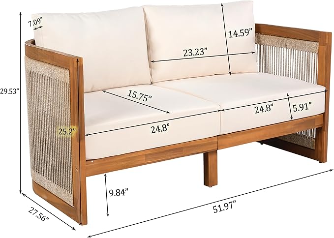 Christopher Knight Home Nesbit 4 Pieces Conversation Set, Acacia Wood Chat Set, Woven Rope Loveseat and Accent Chairs, Slat Panel Coffee Table, Patio Furniture Set for Backyard Balcony Garden, Beige