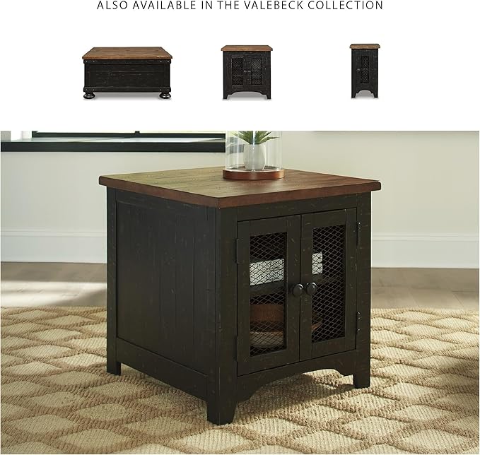 Signature Design by Ashley Valebeck Farmhouse Rectangular End Table with Storage, Distressed Brown & Black Finish