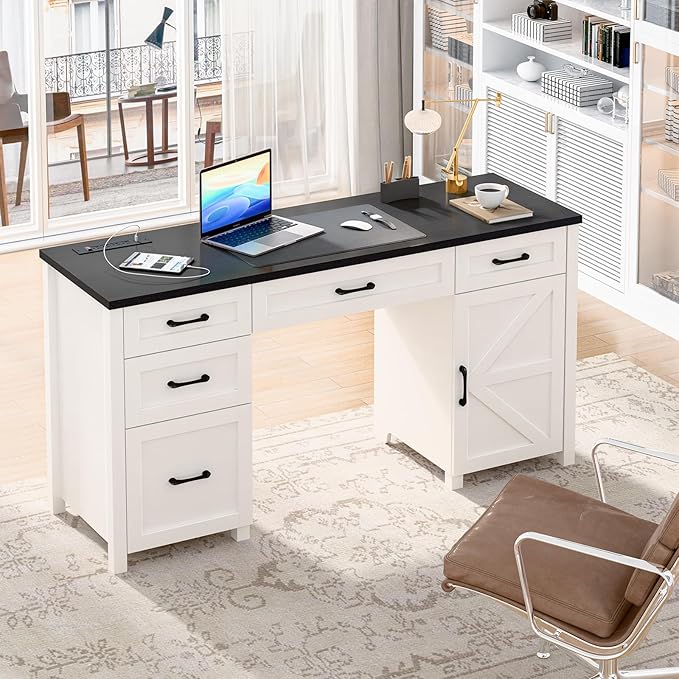 Vabches Farmhouse 61'' Executive Desk with 5 Drawers, Rustic Office Desk Computer Table with Charging Station, File Drawers and Storage Cabinet, Wood Workstation for Study and Home Office, Black
