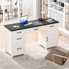 Vabches Farmhouse 61'' Executive Desk with 5 Drawers, Rustic Office Desk Computer Table with Charging Station, File Drawers and Storage Cabinet, Wood Workstation for Study and Home Office, Black