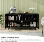 Black Sideboard Cabinet with 4 Rattan Doors, Rattan Buffet Cabinet with Adjustable Shelves & Pine Legs, Boho Sideboard Buffet for Living Room, Kitchen, Entryway, Black