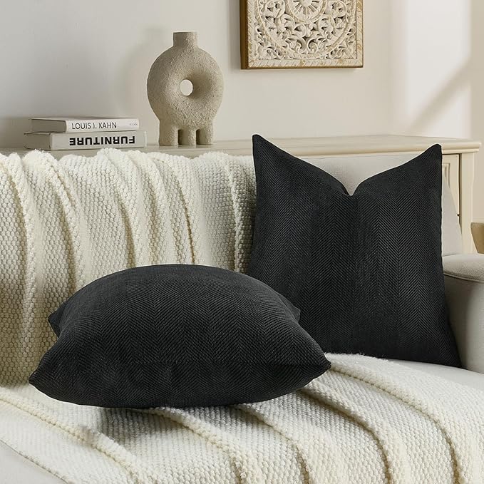 FUTEI Black Chenille Throw Pillow Covers 26x26 Inch Set of 2,Soft Wide Chevron Textured Euro Pillow Shams,Farmhouse Home Decor for Couch Bed Living Room