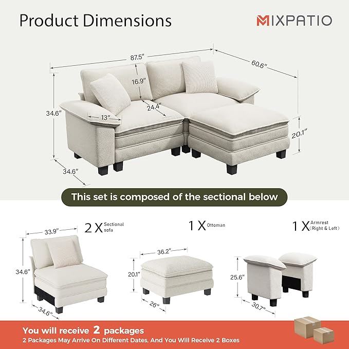 87-Inch L Shaped Sectional Sofa with Cloud Cushions, Deep Seat Modular Couch Set w/ 3 Seats & 1 Ottomans, Removable Arms, Plush Chenille Upholstery for Living Room, Apartment - Beige