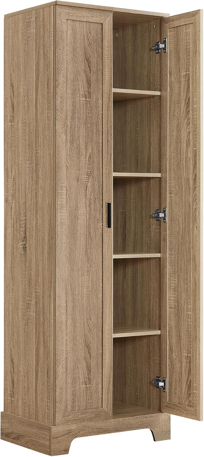 Tall Storage Cabinet, Bathroom Floor Freestanding Storage Cabinet with 2 Doors, 5 Shelves, and Adjustable Shelves for Bathroom, Office, Living Room, Brown