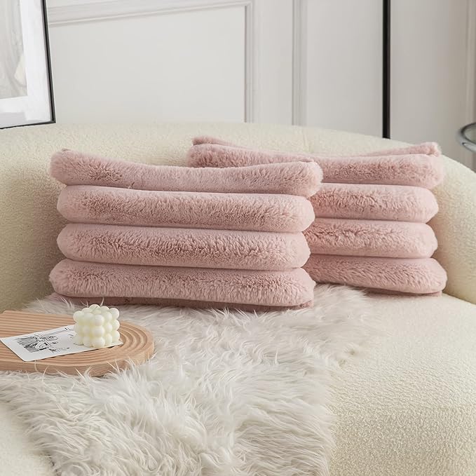 Neelvin Pink Faux Fur Cozy Soft Striped Decorative Throw Pillow Covers 12x20 inch Set of 2,Velvet Pillowcase Cushion Case for Sofa Couch