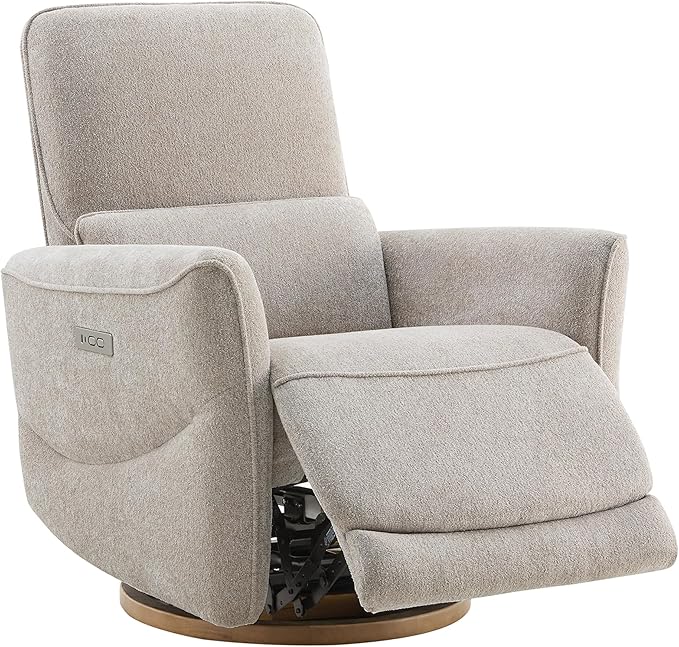 CHITA Power Nursery Rocking Chair, Swivel Glider Recliner Chair with Solid Wood Base, Bulit-in USB & Type-C Charging Ports for Living Room, FSC Certified, Taupe