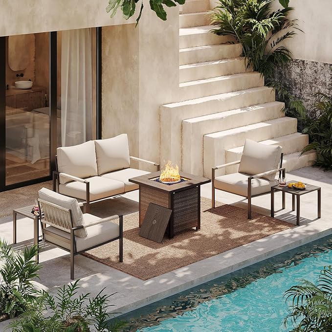 Metal Patio Furniture Set w/Fire Pit Table, 6-Piece Patio Set with 5-Inch Thick Cushions, Outdoor Furniture Set for Garden, Backyard, Balcony, Poolside (Warm Grey)