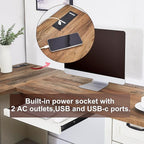 L-Shaped Executive Desk with Keyboard Tray, 69” Farmhouse Corner Desk with Lockable Drawers, Adjustable File Cabinet & Built-in Charging Station, Rustic Home Office Desk (69")