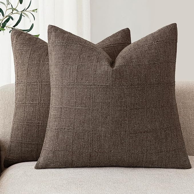 Foindtower Set of 2 Decorative Linen Check Throw Pillow Covers Neutral Farmhouse Vintage Cushion Covers Modern Boho Home Decor for Sofa Chair Couch Bedroom Living Room,22×22 Inch,Dark Brown