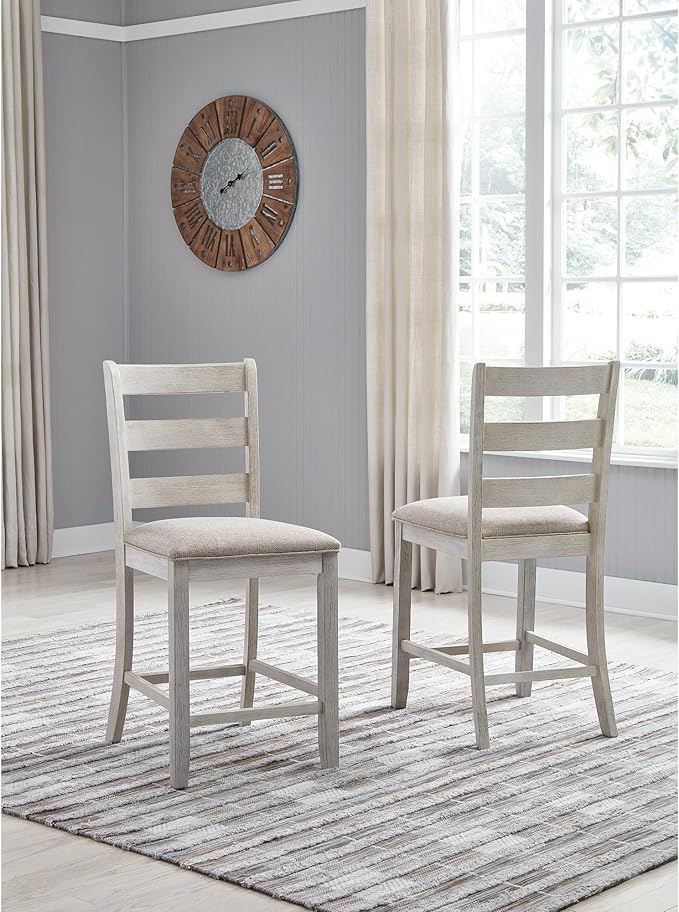Signature Design by Ashley Skempton | 2-Count 24" Counter-Height Upholstered Bar Stools – Coastal Chic Ladder-Back, Antique White