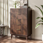 Modern Fluted 5 Drawer Tall Dresser, 48" H, Walnut, Curved Profile Design, Mid Century Wood Chest of Drawers for Bedroom, Living Room, Hallway