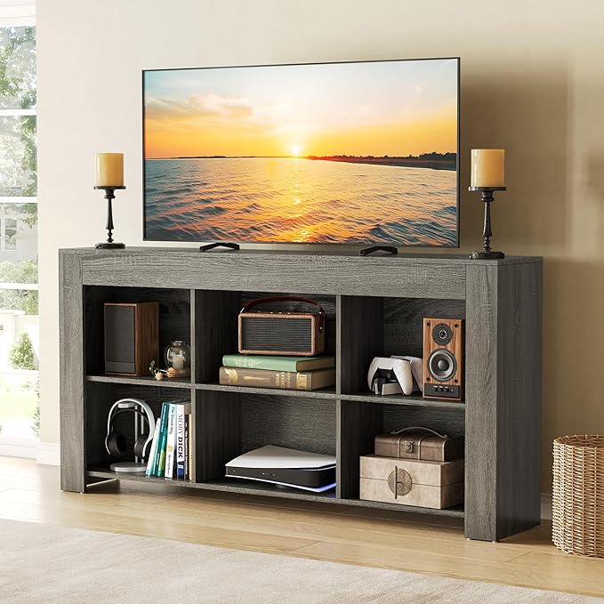 LITTLE TREE Console Table with Storage, 63-Inch Narrow Long Sofa Table, Entryway Table with 6 Cubes, Farmhouse Storage Shelves for Entryway, Living Room