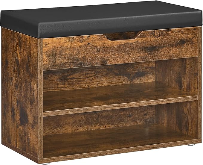 VASAGLE Shoe Bench with Cushion, Storage Bench with Padded Seat, Entryway Bench with 3 Storage Compartments, 11.8 x 23.6 x 17.3 Inches, for Bedroom, Living Room, Rustic Brown ULHS020K03