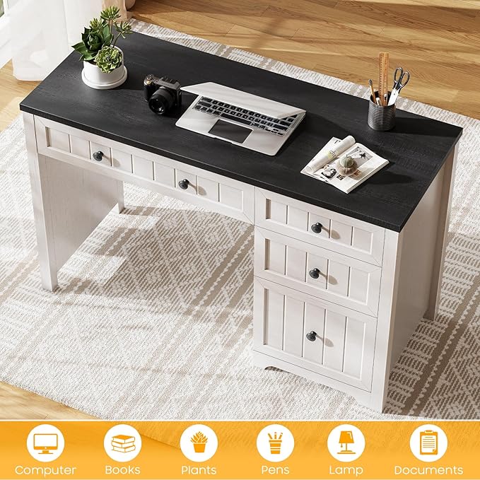 Vabches Farmhouse Executive Desk with 4 Drawers, Home Office Desk with Storage Cabinet and File Drawer, Wood Computer Desk with Storage, Rustic Office Desk for Work Study Writing, Black White