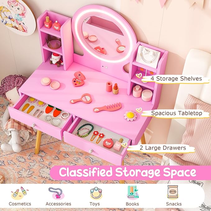 Costzon Kids Vanity, Girls Vanity Set with Mirror and Stool and Lights, Drawers, Storage Shelves, Wooden Toddler Makeup Vanity Desk Dressing Table, Kids Vanity Table and Chair Set (Pink)