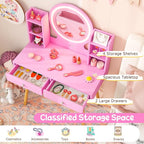 Costzon Kids Vanity, Girls Vanity Set with Mirror and Stool and Lights, Drawers, Storage Shelves, Wooden Toddler Makeup Vanity Desk Dressing Table, Kids Vanity Table and Chair Set (Pink)