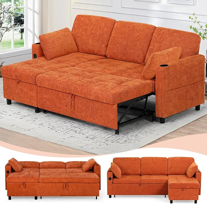 84" Chenille Pull Out Sofa Bed w/Adjustable Backrest, L-Shape Modern Sleeper Sofa w/Reversible Chaise, Upholstered Sectional Couch w/USB Port and Side Pockets for Living Room, House, Orange