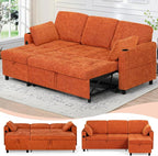 84" Chenille Pull Out Sofa Bed w/Adjustable Backrest, L-Shape Modern Sleeper Sofa w/Reversible Chaise, Upholstered Sectional Couch w/USB Port and Side Pockets for Living Room, House, Orange