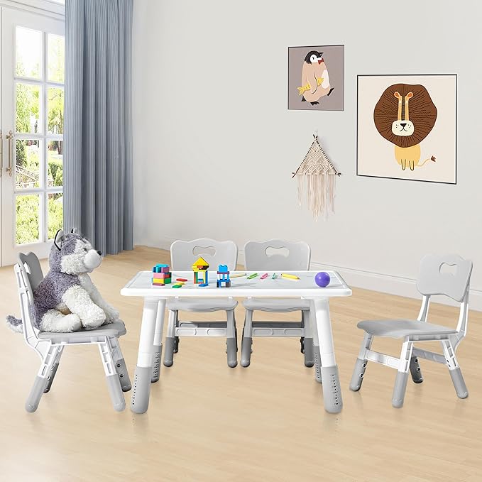 Adjustable Kids Table Chairs Set – Graffiti Desktop, Multi-Activity Height-Adjustable Toddler Study Desk for Ages 3-8 – Ideal for Home, Classroom, Daycare (B-Gray, 4 Chairs-31.5" L x 23.6" W)