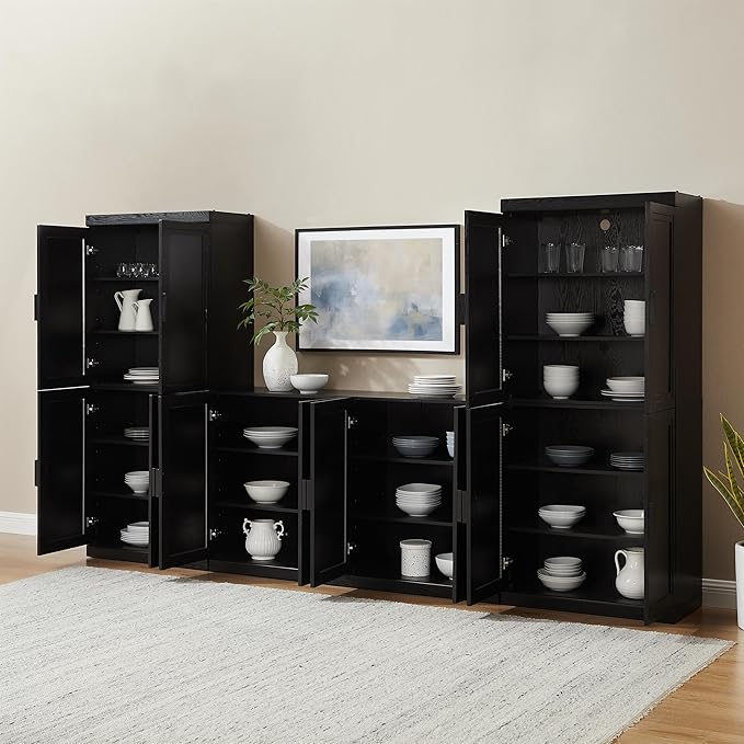 Crosley Furniture Essen 3-Piece Modern Sideboard Buffet Cabinet and Kitchen Storage Pantry Set, Black