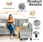 JY QAQA Convertible Sectional Sofa with 3-Seater Sofa, L-Shaped Ottoman Couch with Modern Linen for Apartment, Small Living Room and Small Space (Light Grey)