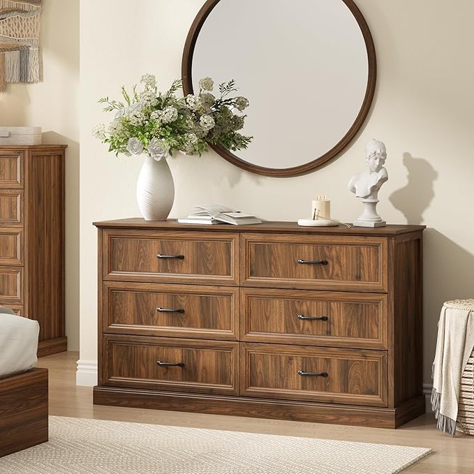 Farmhouse 6 Drawer Dresser for Bedroom, 55 Inch Wide Modern Walnut Dresser TV Stand with Large Drawers & Bar Handles, Rustic Wood Chest of Drawers for Bedroom, Living Room, Hallway, Entryway.