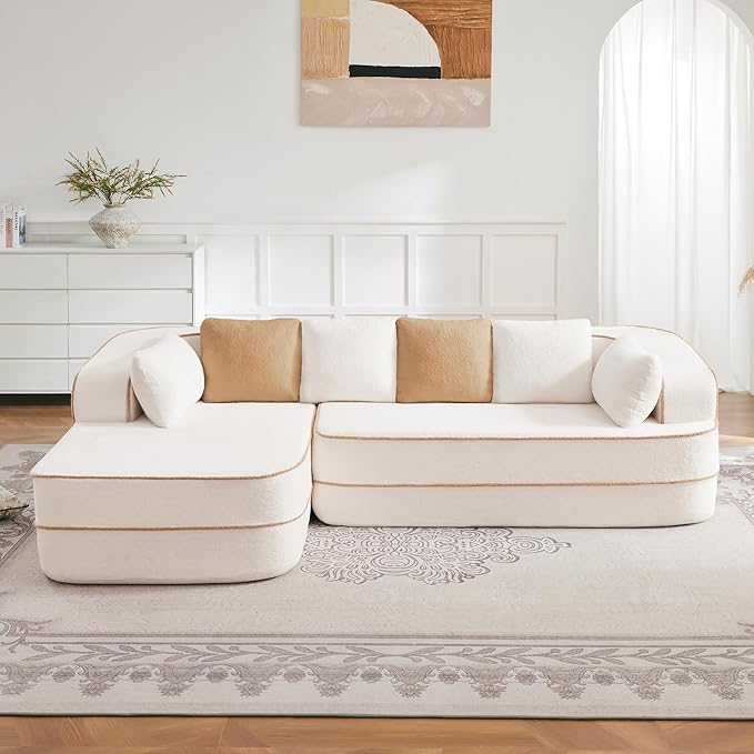 Cloud Sectional Sofa Modern Boneless Couch for Living Room, Comfy Deep Seat Comfy Teddy Fabric Double Sofa Chaise No Assembly Required (White, 106" L Shape with Left Facing)