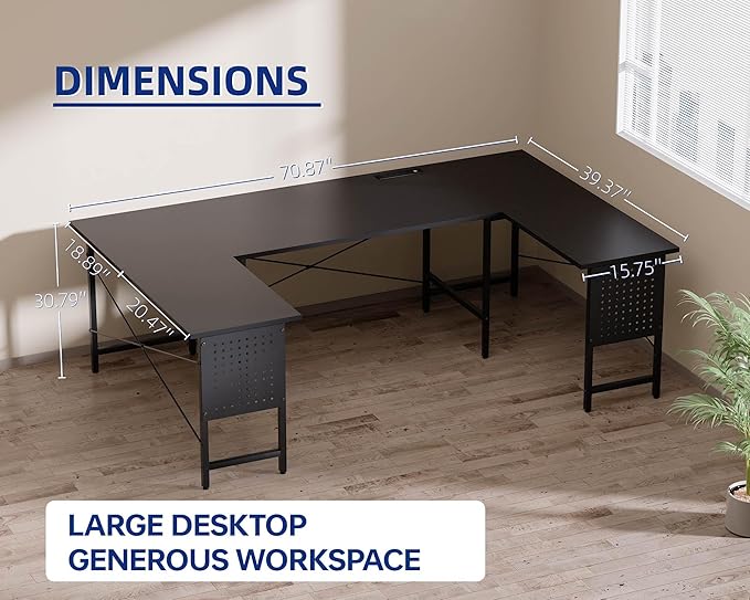 Pamray 71 Inch Large Computer Desk with Power Outlets,U Shaped Corner Desk for Home Office Work and Gaming Grey