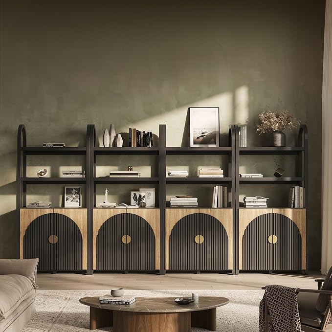 BELLEZE Book Shelf 72" Tall Arched Bookcase with Storage, 5 Tier Mid Century Modern Fluted Bookshelf with Doors, Modular Bookshelves for Living Room Office Library, Set of 4 (Camel)