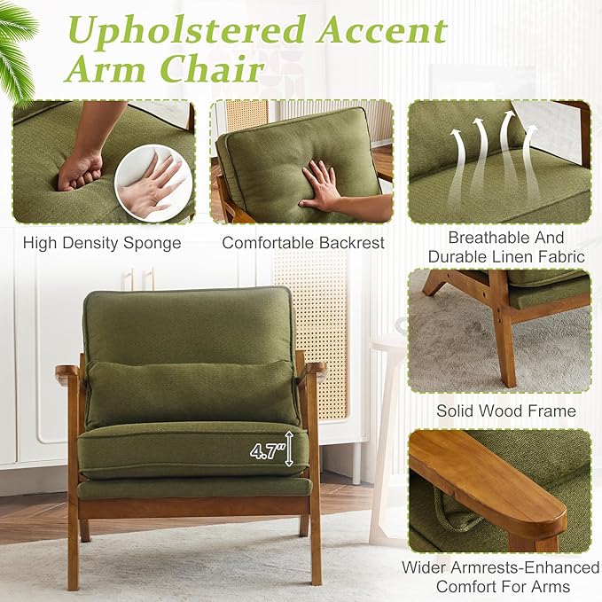 VINGLI Solid Wood Wide Armrests Accent Chair,Upholstered Mid Century Modern Chair with Pillow,Comfy Reading Chair Farmhouse Arm Chair,Chairs Living Room,Bedroom,Guest Room,Linen Fabric,Dark Green