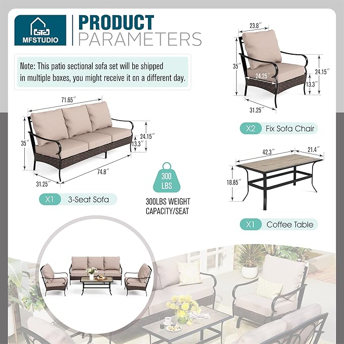 MFSTUDIO Outdoor Patio Furniture Set, 4 PCS Heavy-Duty Metal Patio Conversation Sets for 5, Patio Sectional Sofa Set with High Back 3-Seat Sofa, 2 Fixed Chairs, 1 Coffee Table, 5.5" Thicken Cushions