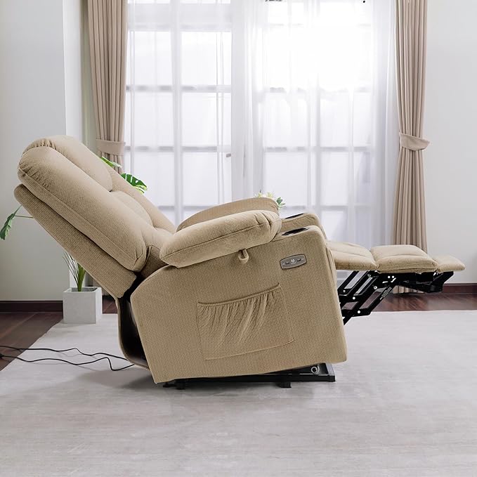 MCombo Large Power Lift Recliner Chair Sofa with Massage and Heat for Big and Tall Elderly People, 3 Positions, Cup Holders, and USB Ports, Fabric 7549 (Large, Beige)
