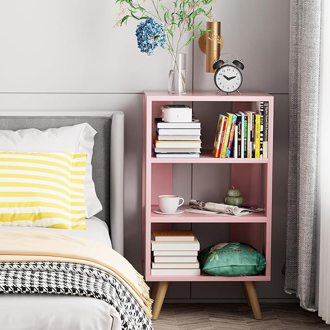 Night Stand, Pink Kids Nightstand, Modern End Table with Open Storage, 3-Tier Nursery Bedside Table for Small Space, Living Room, Bedroom