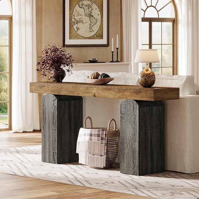 Tribesigns 63" Long Entryway Table, Farmhouse Console Table with 2 Arched Pedestal Legs, Wooden Sofa Console Behind The Couch for Entrance, Hallway, Living Room (Vintage Brown & Grey)