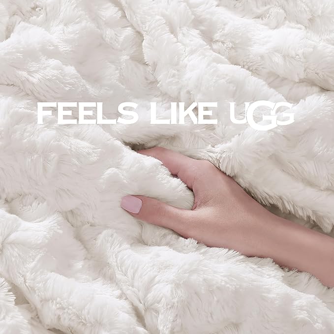 UGG Faux Fur King Blanket, Double-Sided Fluffy Blanket, Cozy Oversized Throw for Couch, Washable Bedding for California King Bed, Luxury Home Decor, 110" x 90", Natural White (Adalee)